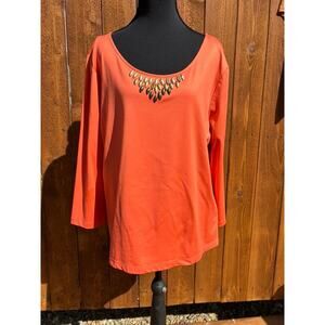 Ruby Rd Orange Embellished Scoop Neck Top - Size XL - 3/4 Sleeve